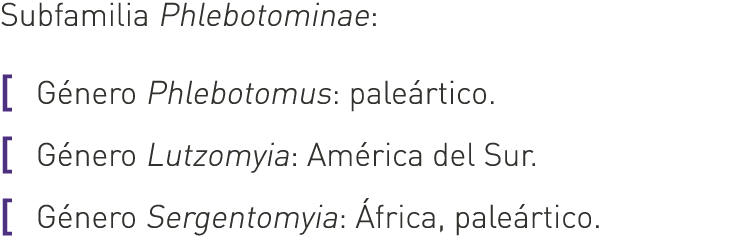 Subfamilia Phlebotominae: Género Phlebotomus: paleártico. Género Lutzomyia: América del Sur. Género Sergentomyia: Áfr...